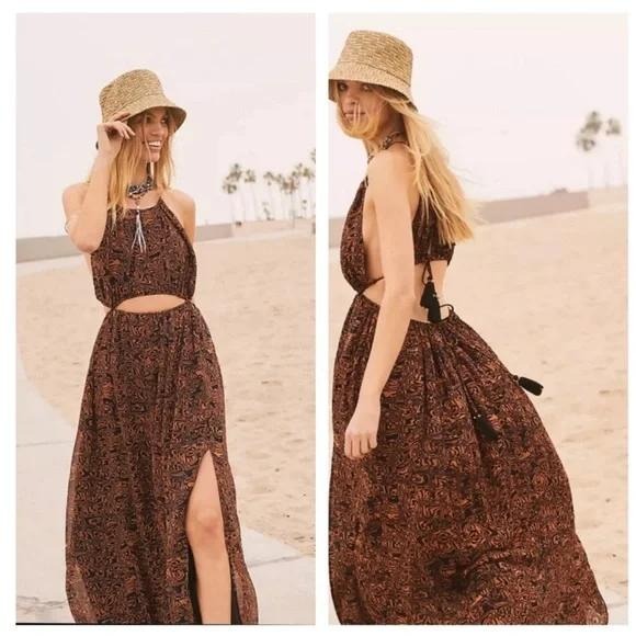 Free People Dresses & Skirts - Free People Holy Smokes‎ OOS rare sexy Maxi Dress Orange Black Boho Fall Size M